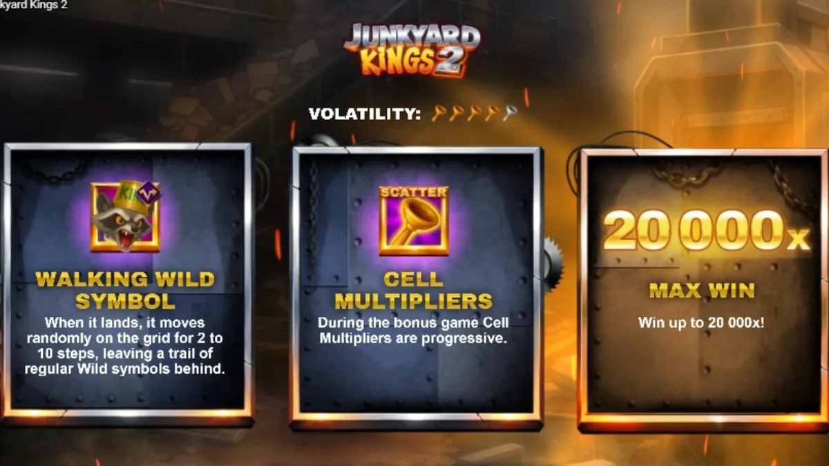 Junkyard Kings 2 স্লটের মোবাইল স্ক্রিনশট, যেখানে র‍্যাকুন রাজা এবং তার রত্ন-ভরা উঠোন দেখা যাচ্ছে।